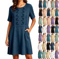 thumbnail image 1 of Dresses For Women Summer Short Sleeve Embroidered Fashion Loose-fitting Casual Comfortable Round Neck Sundresses Vacation Dresses Short Dress With Pockets, 1 of 7