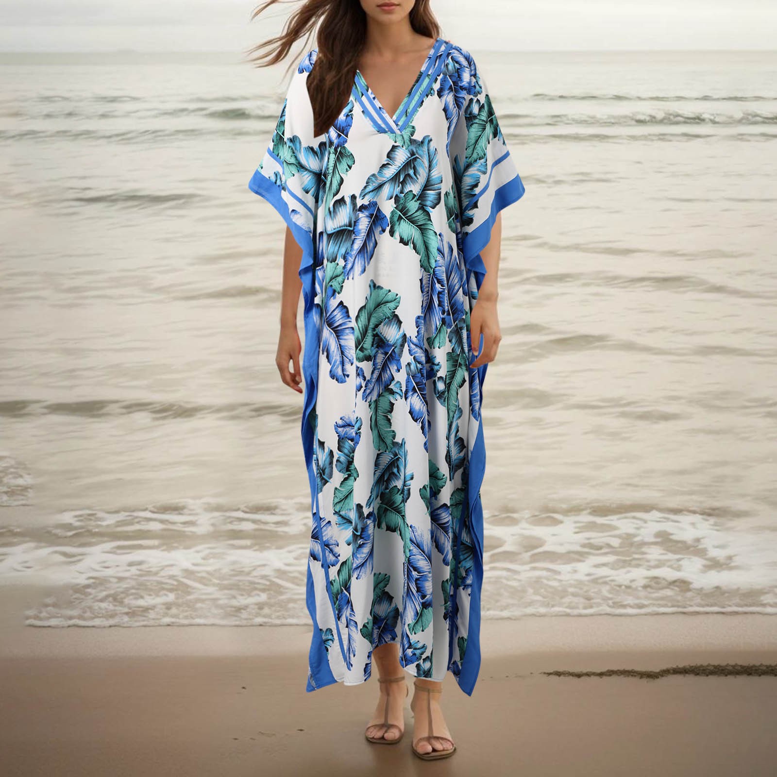 Dresses For Women V Neck Print Swimsuit Cover Up Plus Size Beach Dress ...