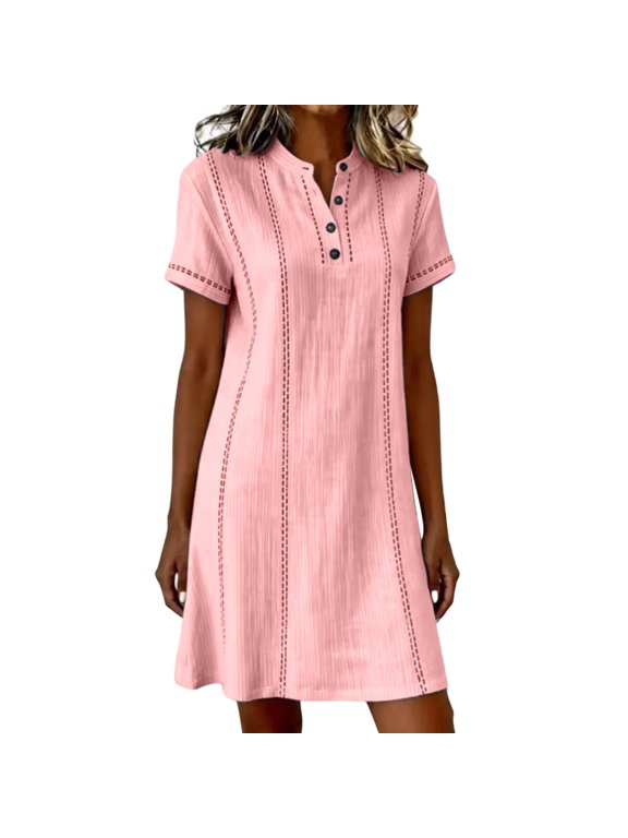 Dresses for Women, Women's Casual T Shirt Dress, Button Short Sleeve Dresses, Henley Neck Eyelet Trim A Line Mini Length, for Beach Vacation Resort Travel Daily Wear