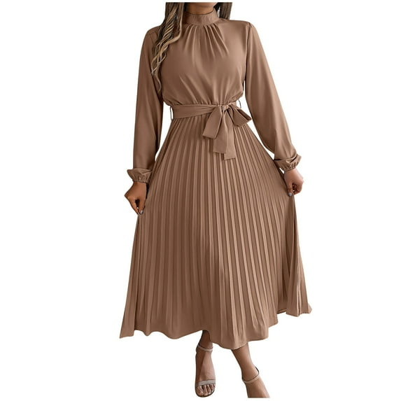 Wo-Fusoul The Stand In Women's Fashion High Neck Long Sleeve Solid Color Dress with Pleated Skirt & Waist Tie, Formal Evening Wear Womens Long Sleeve