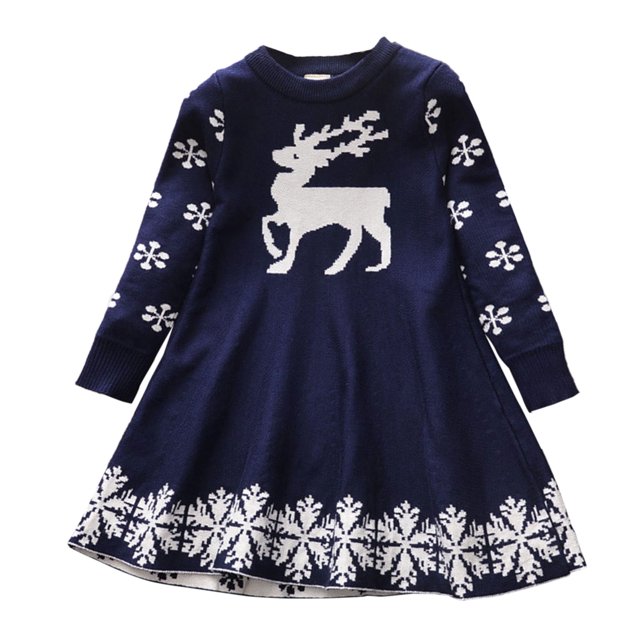 Kidagic Girls Dresses Long Sleeve Christmas Prints Sweater Dress, Size