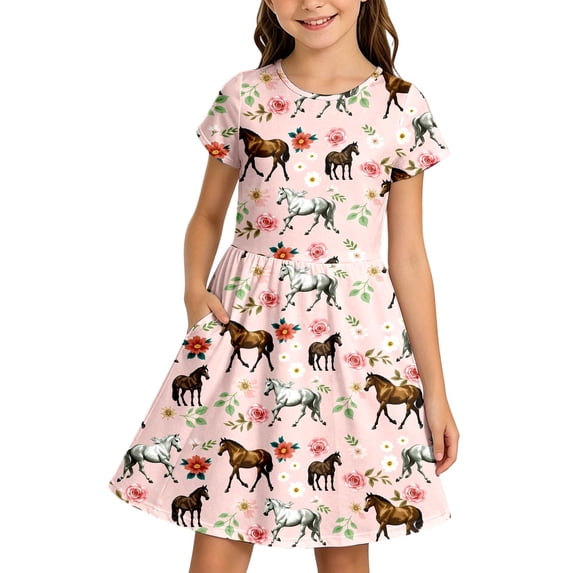 Dresses for Girl Sweet Horse Floral Print Short Sleeve Crew Neck A-Line Dress for Summer Vacation Fun Teen Casual Boho Sundress