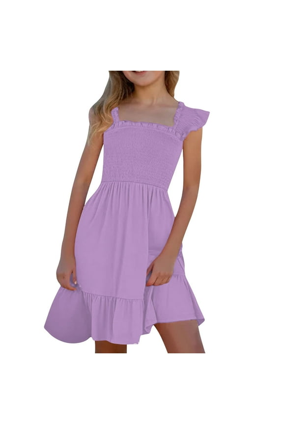 Dresses for Girls 10-12 Square Neck Solid Color Flutter Sleeve Smocked Stylish Dance Party Dresses Clothes Toddler Baby Girl Summer Clothes