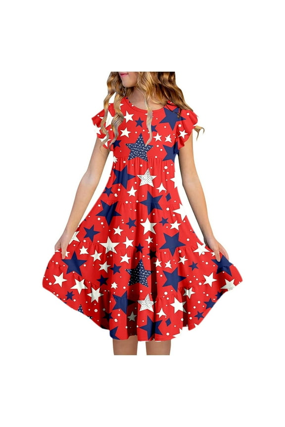 Dresses for Girls 4Th Of July Flutter Sleeve Tiered Patriotic A Line Pockets Casual Kids Clothing