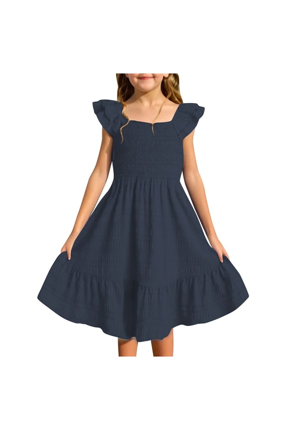 Dresses for Girls 8-10 Square Neck Solid Color Flutter Sleeve Smocked Midi Dress Dance Party Dresses Clothes Flower Girl Dresses for Girls