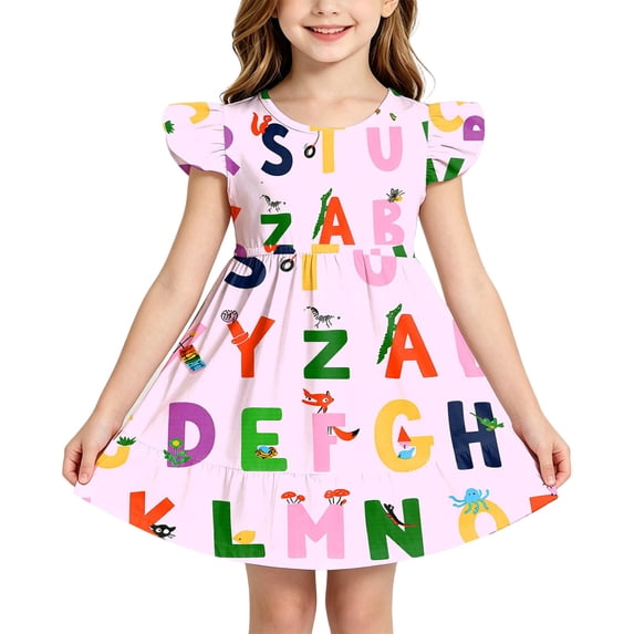 Dresses for Girls Back To School Flutter Sleeve Ruched Crew Neck Cartoon Print Dress School Uniform for Girls Size 3-4 Years