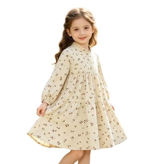 Dresses for Girls Back To School Ruffle Trim Ruched Mock Neck Long Sleeve Button Floral Print Dress School Uniform for Girls Size 3-4 Years