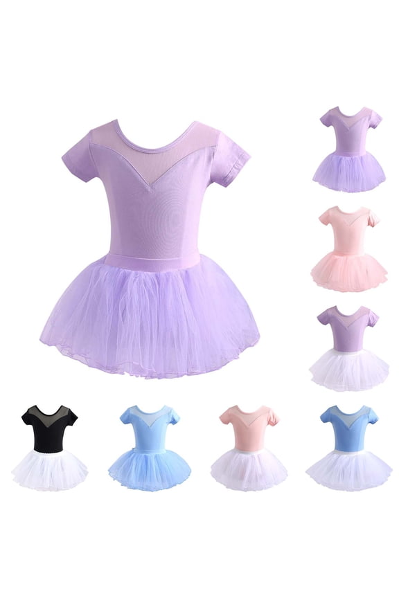 Dresses for Girls Ballerina Jazz Performance Short Sleeve Solid Dance Leotard Tutu Skirt Set Baby Girl Clothes Purple 3-4Years