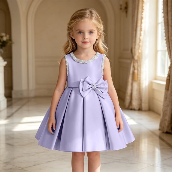 Dresses for Girls Bow Detail Sleeveless Crewneck Party Evening Dress Elegant Adorable Special Kids Overall Dress Size 100