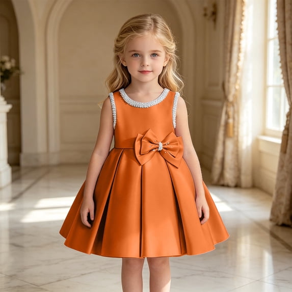 Dresses for Girls Bow Detail Sleeveless Crewneck Party Evening Dress Elegant Adorable Special Kids Overall Dress Size 120