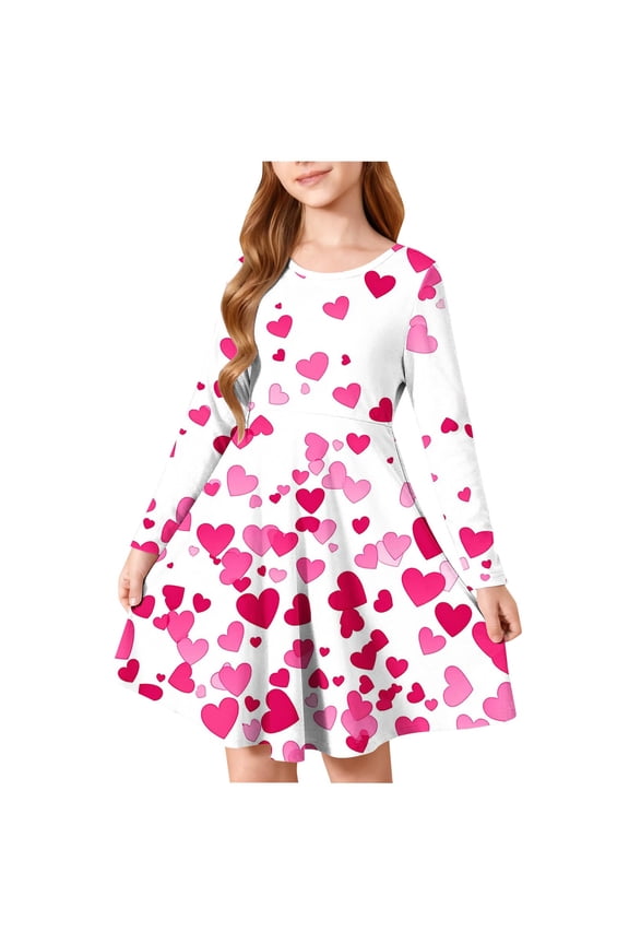 Dresses for Girls Cute Heart Graphic Crewneck Casual Dress Long Sleeve Dress Kids Clothes Girls Size 4-14
