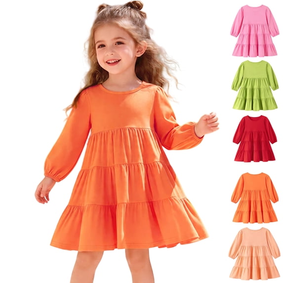 Dresses for Girls Cute Party Long Sleeve Tiered Ruffle Swing Dress for Girls Crew Neck A-Line Girls Fashion Fall Sundress Saffron