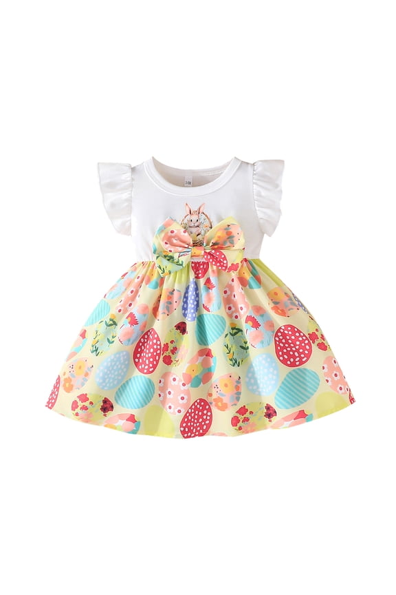 Dresses for Girls Easter Bunny Print Summer with Flutter Sleeves Allover Floral Pattern Yellow Dress Size 12-18 M
