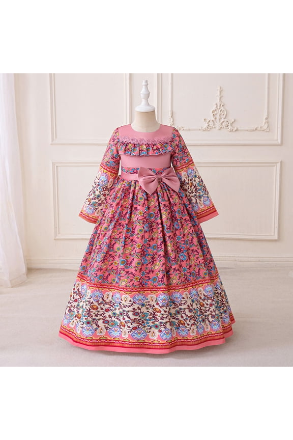 Dresses for Girls Ethnic Embroidered Abaya Long Sleeve Kids Outfits