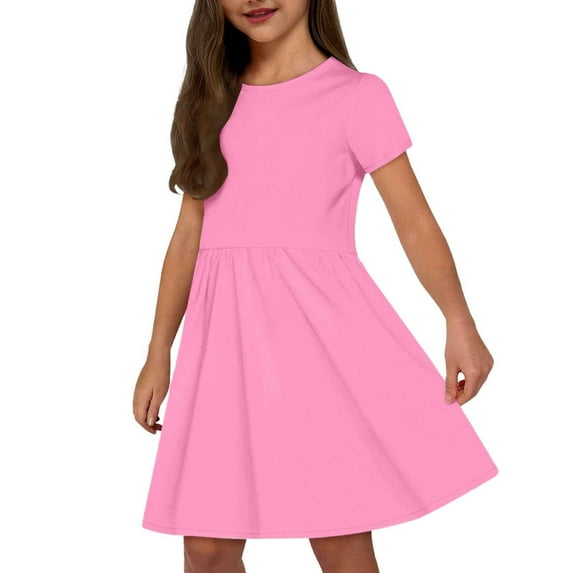 Dresses for Girls Fashion Solid Short Sleeve Casual Comfortable Pocket Kids Clothes