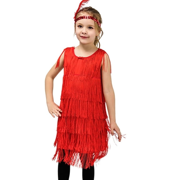 Dresses for Girls Flapper Dress Sequins Fringe Latin Dance Dress Tassel Tango Dress Ballroom With Feather Headband Flower Girl Dresses