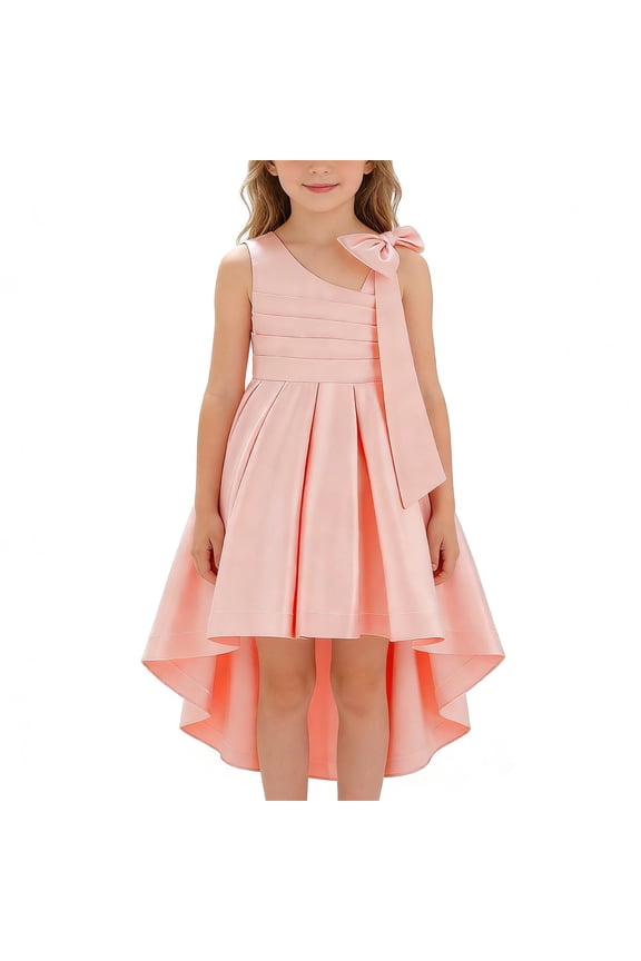 Dresses for Girls Formal Sleeveless Satin Gown Bow Detachable Train Tutu Holiday Kids Clothes