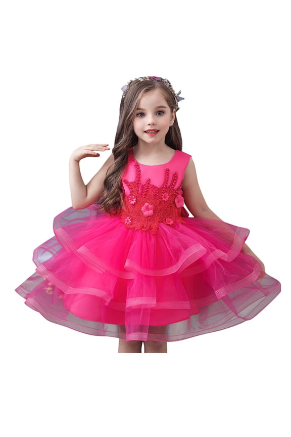 Dresses for Girls Girl's Kids Bridesmaid Gown Pageant Birthday Party Wedding Princess Floral Dress Toddler Dress Hot Pink 4 Years-5 Years