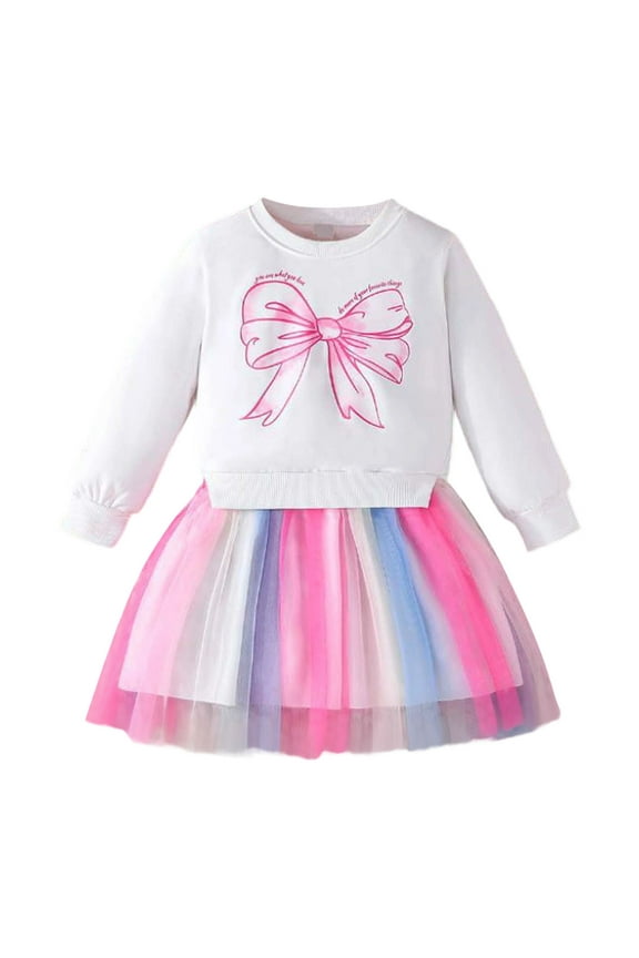 Dresses for Girls Long Sleeve Print Round Neck Rainbow Fall Winter Casual School Party Pink Dress Size 6-7 Y