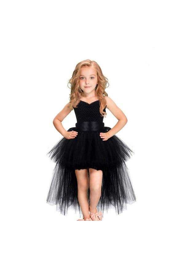 Dresses for Girls Party Elegant Tutu with Bow Kids Performance Outfit Spring Summer Formal Wear Black Dress Size 10-11 Y