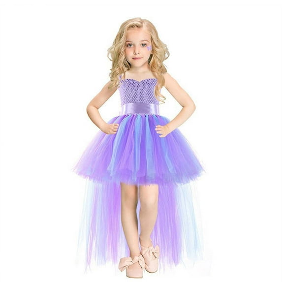 Dresses for Girls Party Elegant Tutu with Bow Kids Performance Outfit Spring Summer Formal Wear Purple Dress Size 6-7 Y