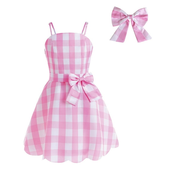 Dresses for Girls Pink Dress Pink Plaid Birthday Party Dress Bowknot Set Girls White Dress,Size 9 Years-11 Years