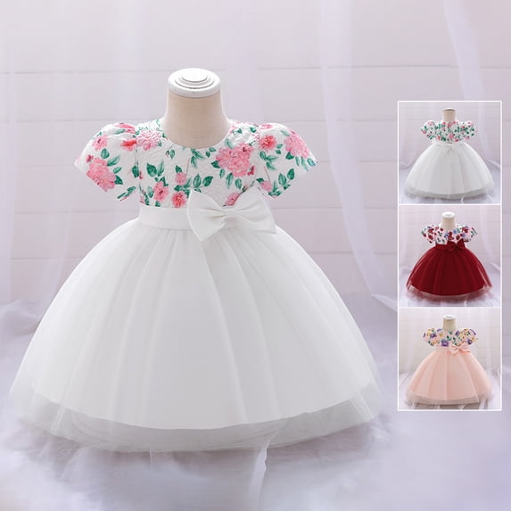 Dresses for Girls Short Sleeve Bowknot Mesh Floral Christening Pageant Dress Baby Girl Dress Pink 3-6 Months