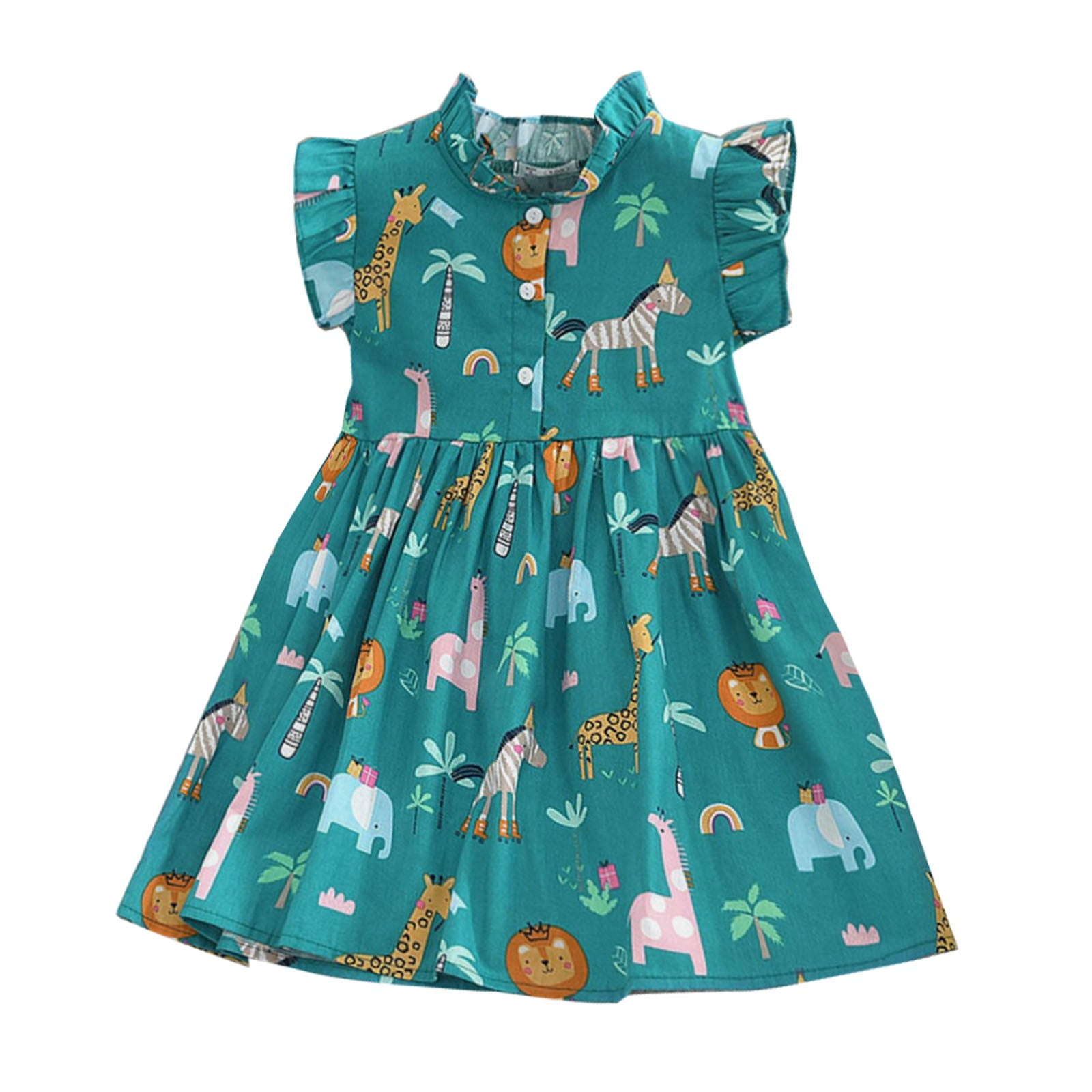 Summer Dress In Cat Print For Baby Girl In Green Color main image 1