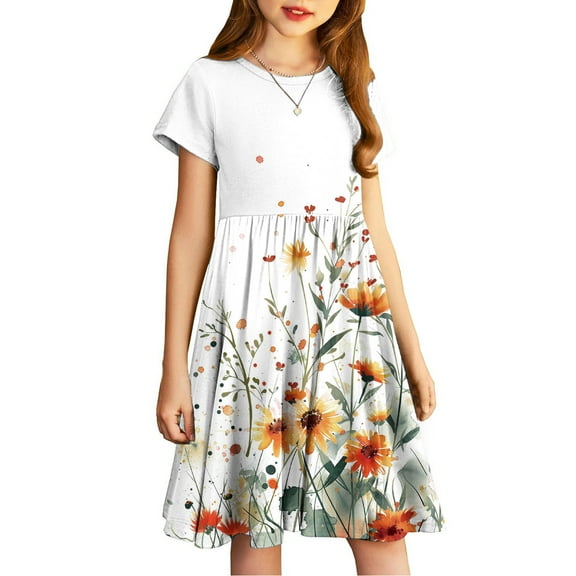 Dresses for Girls Short Sleeve Floral Print Dress Flowy Swing Princess Dresses