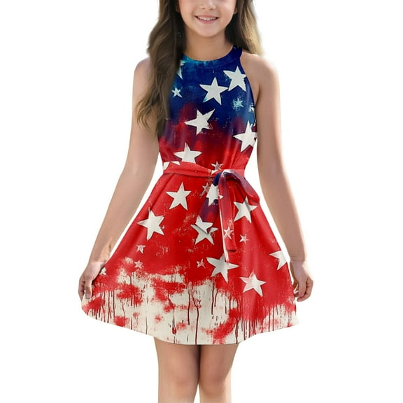 Dresses for Girls Size 10-12 American Flag Dresses Halter Dress Independence Day Stars Striped Patriotic Tween Girls Dresses with Pockets