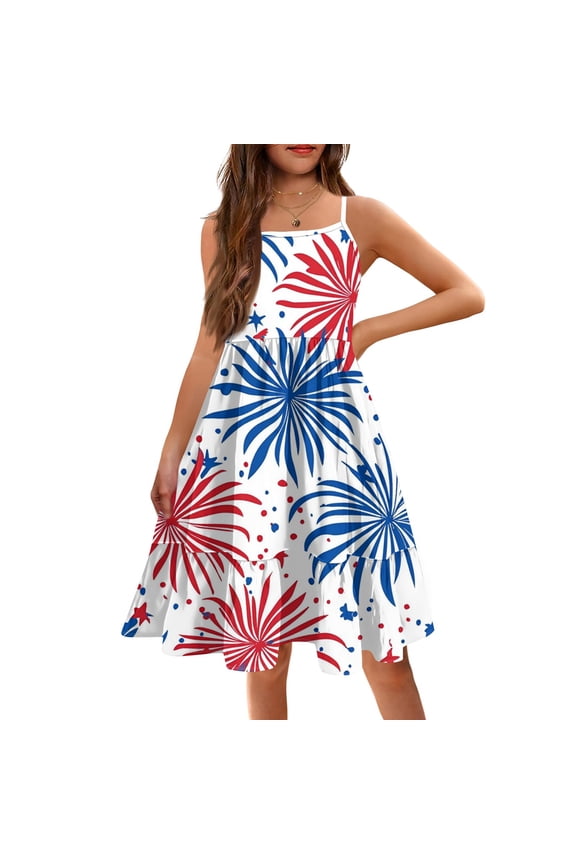 Dresses for Girls Size 10-12 American Flag Dresses Sleeveless Independence Day Stars Striped Patriotic Dresses with Pockets