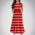 thumbnail image 1 of Dresses for Girls Size 6-12 Ruffle Short Sleeve Crewneck Tween Kids Trendy Stripe Printed Pullover Going Out Long Maxi Dress with Pockets, 1 of 5