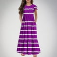 thumbnail image 1 of Dresses for Girls Size 6-12 Ruffle Short Sleeve Crewneck Tween Kids Trendy Stripe Printed Pullover Going Out Long Maxi Dress with Pockets, 1 of 5