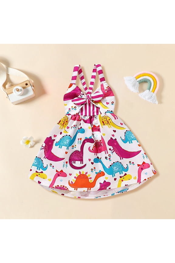 Dresses for Girls Sleeveless Floral Strap Backless Summer Dinosaur Donut Birthday Kids Clothing