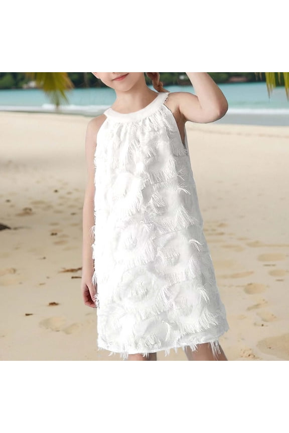Dresses for Girls Sleeveless Flowy Fringe Neck Loose Fit Solid Color Elastic Kids Clothing