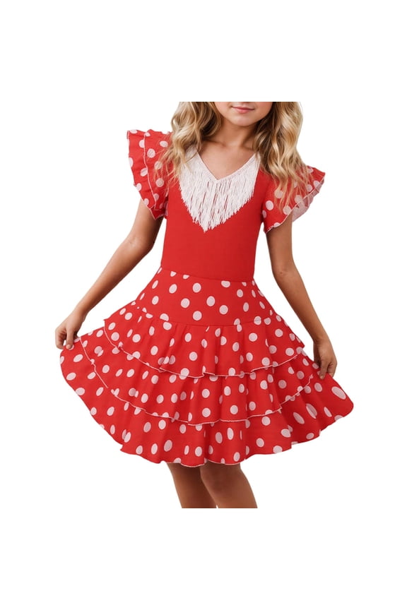 Dresses for Girls Spanish Dance Dress for Teen Kids Girls Color Block Flutter Sleeve V Neck Flamenco Dresses Baby Dress White 6 Years-7 Years