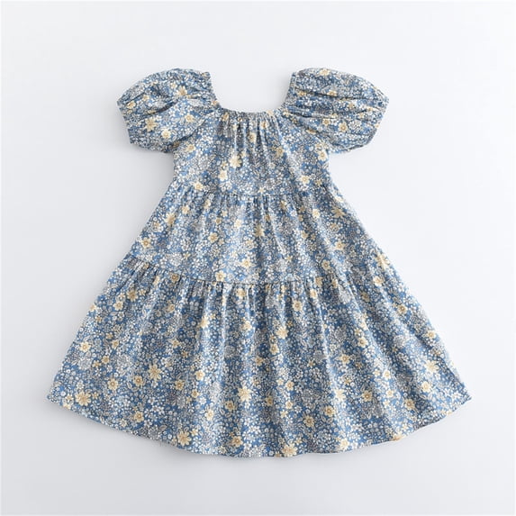 Dresses for Girls Square Neck Puff Sleeve Short Sleeve Back Tie Floral Dress Summer Casual Wear Size 2-3Y