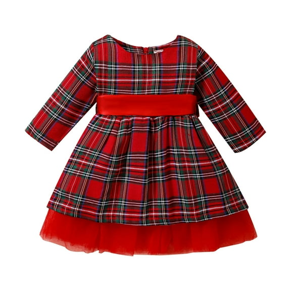 Dresses for Girls Suit Christmas Red Plaid Long Sleeves Dress Baby Girl Dress,Size 1 Years-2 Years