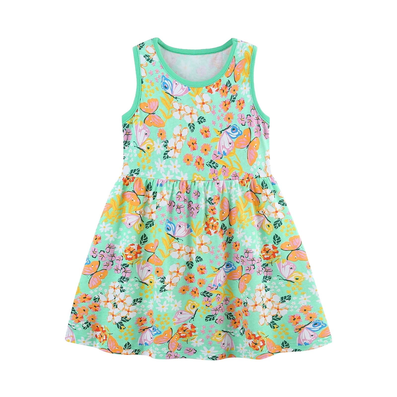 Dresses for Girls Summer Flower Printed Sleeveless Cute Round Neck Princess Clothes Girls Dress Green 1-2 Years