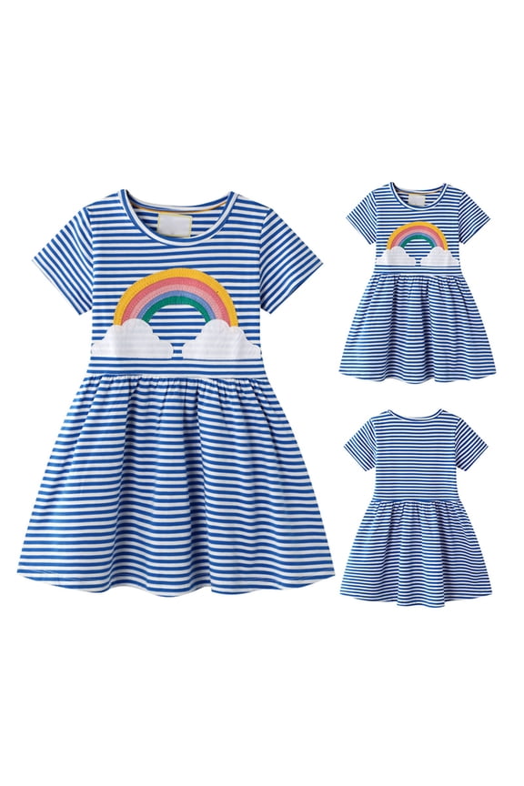 Dresses for Girls Summer Rainbow Stripe Embroidery Pattern Children Princess Kids Clothing