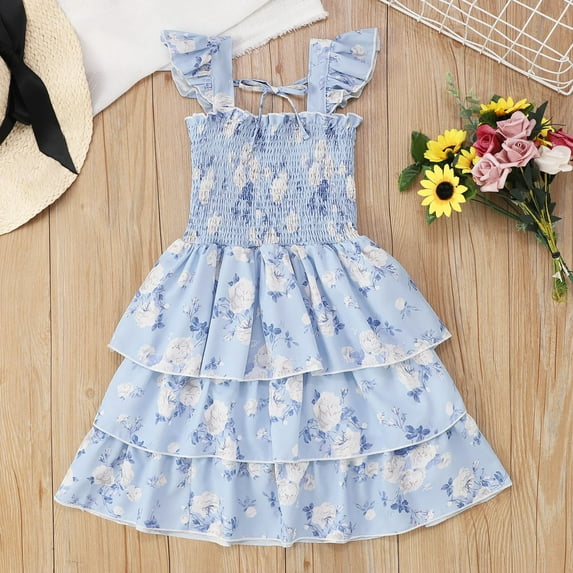 Dresses for Girls Sweet Floral Print Smocked Bodice Summer Princess Party Kids Clothes