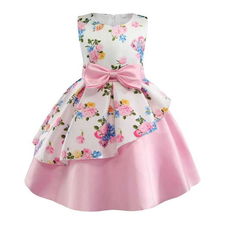 Dresses for Girls Toddler Fancy Sleeveless Pageant Birthday Party Floral Prints Bowknot Gown Baby Kids Spring Princess Sun Dress Sizes 4 5 Years