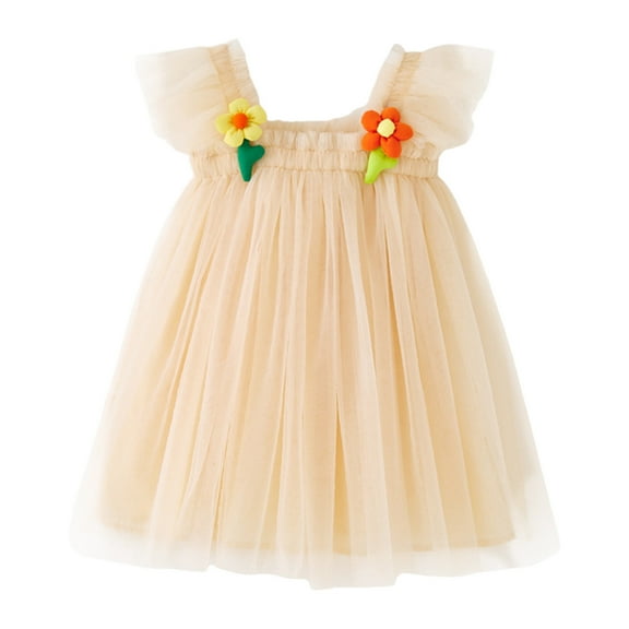 Dresses for Girls Toddler Fly Sleeve Floral Solid Color Holiday Mesh Party Dresses Wedding Princess Dress Size 2 Y-3 Y
