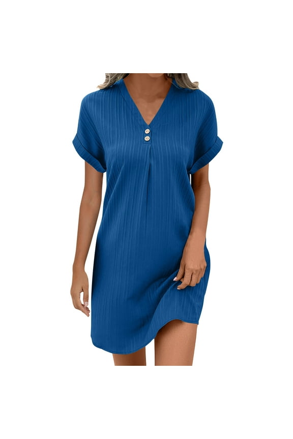 Dresses for Juniors Fall Summer Slip Short Sleeve V Neck Spandex Midi Knee Length Brunch with Slit Plain Dresses Women Button 2025 Clothes Trendy Y2K