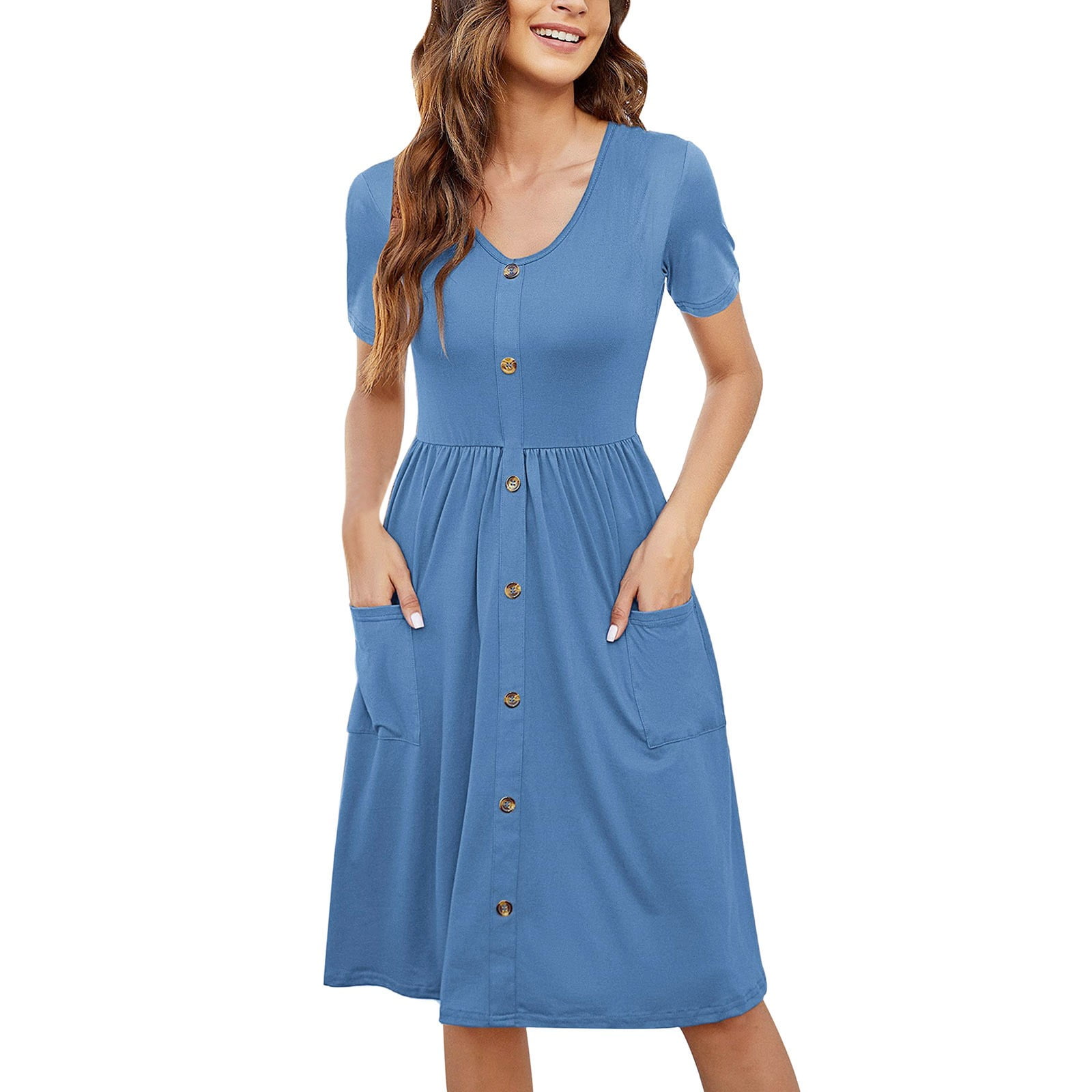 Dresses for Juniors Women Summer Casual Short Sleeve Dresses Button Down  Knee Length Dress With Pockets - Walmart.com