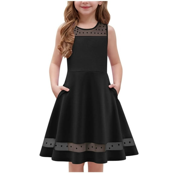 Dresses for Kids Girls Formal Dresses Elegant Mesh Sleeveless A-Line Evening Party Knee Length Dresses with Pockets for 5-13T New Black 11T
