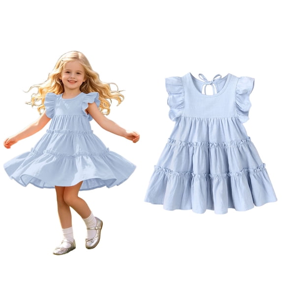 Dresses for Kids Girls Flutter Sleeve Ruffle Flared Swing Dress Girl Spring Dress 3-4 Years