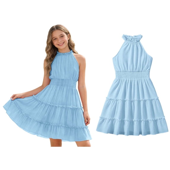 Dresses for Kids Girls Halter Neck Sleeveless Flared Swing Dresses Blue Dress for Kids 6-7 Years