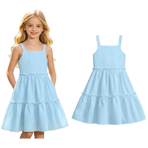 Dresses for Kids Spaghetti Strap Layered Ruffle Casual Flowy Swing Dress Cute Dresses for Girls 7-8 Years