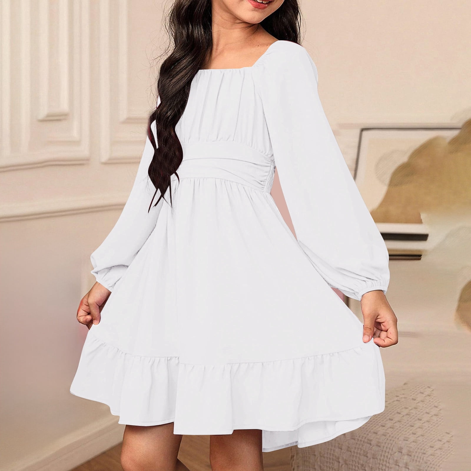 Dresses for Kids White Long Sleeve Dress Girls Fall Winter Dresses Pageant Dresses  for Girls Christmas Dress 8-9 Years